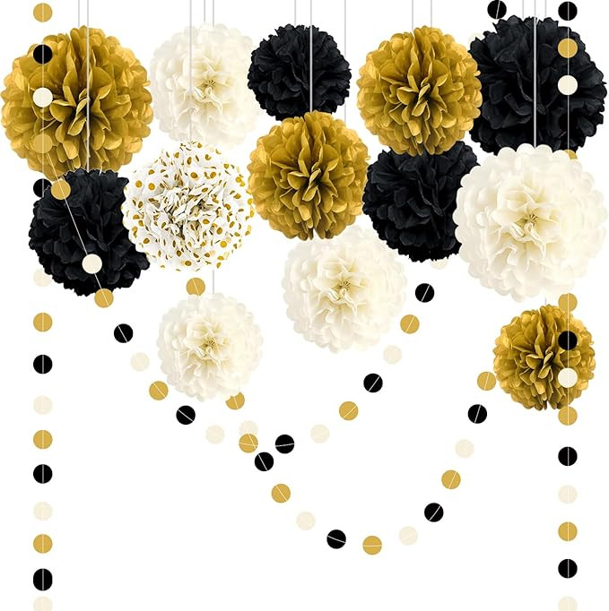 Black and Gold Party Decorations, 16 PCS Tissue Paper Pom Poms Dots Paper Garland Kit for New Yea... | Amazon (US)