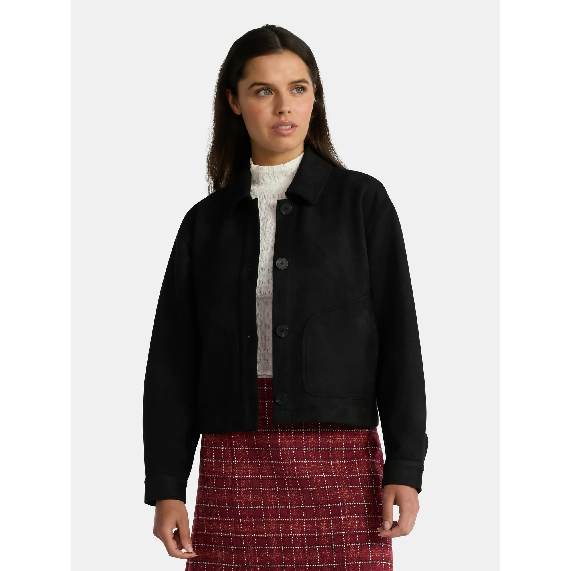 Time and Tru Women's Faux Suede Button Front Jacket, Sizes XS-XXXL | Walmart (US)