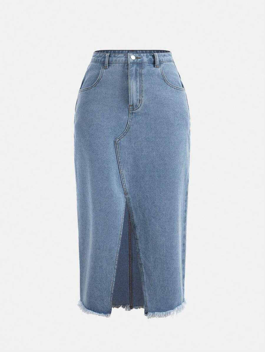 SHEIN Privé Split Thigh Raw Hem Denim Skirt | SHEIN