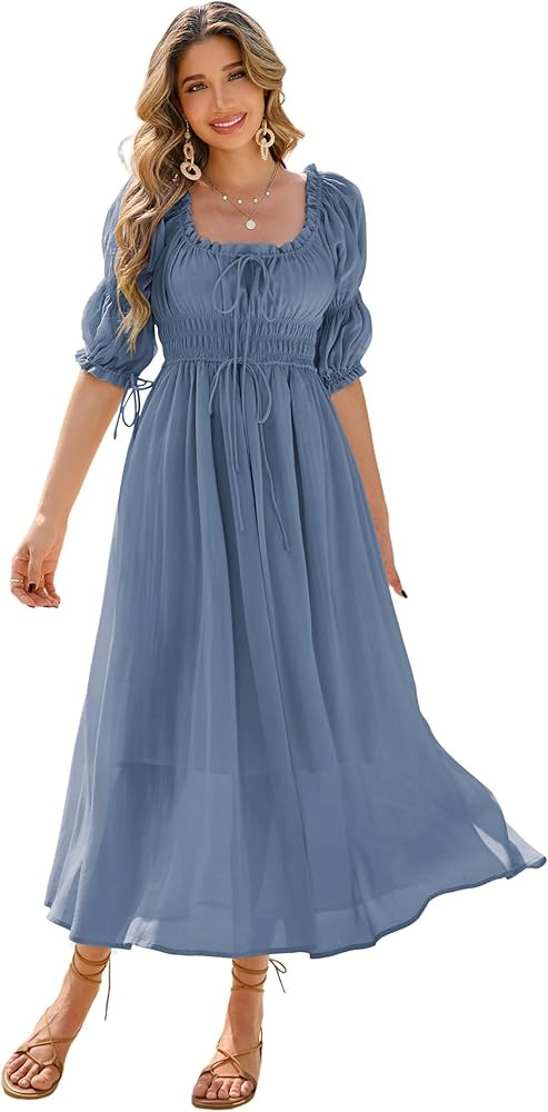 R.Vivimos Women's Summer Square Neck Midi Dress 2026 Casual Puff Half Sleeve Elastic Empire Waist... | Amazon (US)