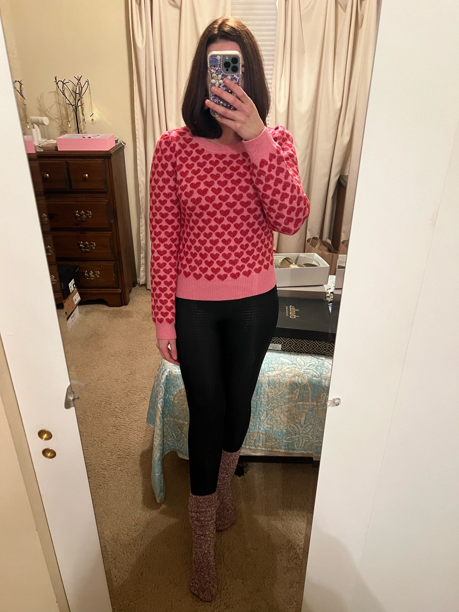 Heart puff sleeve sweater (small). Faux leather leggings (small). #heartsweater #puffsleevesweater #sweater #sweaters #leggings #fauxleatherleggings #blackleggings #valentinesdayoutfit #datenight
Valentine’s Day Outfit Date Night 

#LTKFindsUnder100 #LTKStyleTip #LTKSeasonal