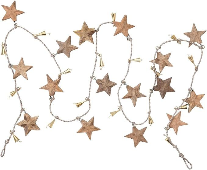 Wood Star Garland with Metal Bells, Natural and Gold Finish | Amazon (US)