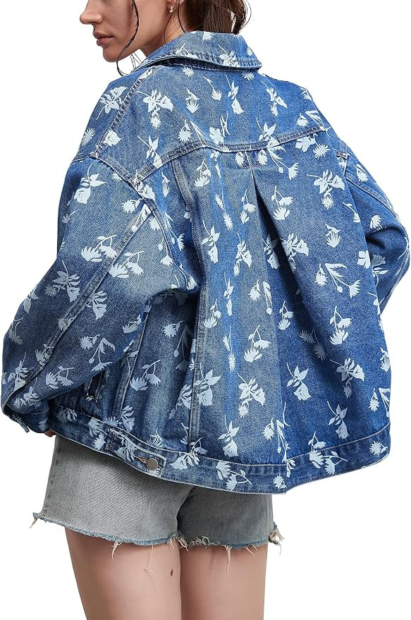 Women Casual Printed Denim Jacket Oversized Button Down Long Sleeve Boyfriend Vintage Jean Jacket... | Amazon (US)