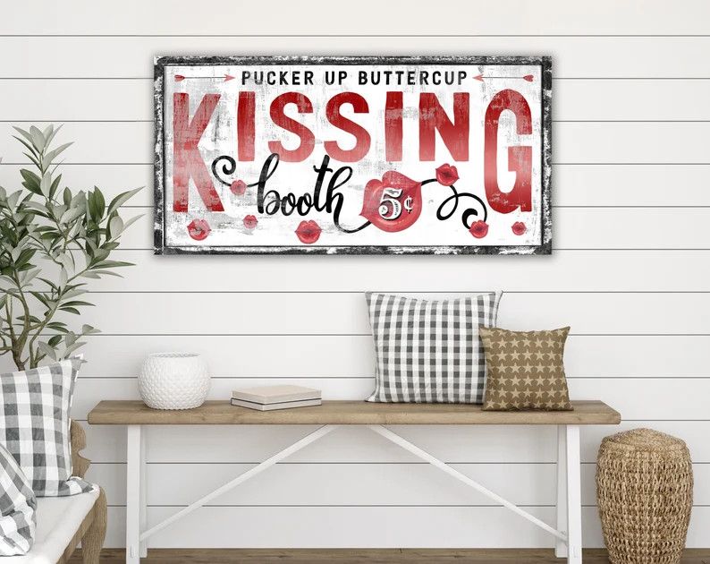 Pucker Up Buttercup Kissing Booth Canvas Print, Vintage Carnival Holiday Sign, Rustic Love Distre... | Etsy (US)