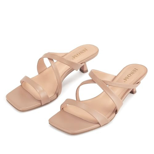 ISNOM Nude Heels for Women Nude Kitten Heels for Women Nude Strappy Heels Womens Low Heeled Sandals Square Toe Open Toe Heels Short Heel Sandals Slip-on Summer Heels Beige Wedding Trendy Dressy Shoes | Amazon (US)