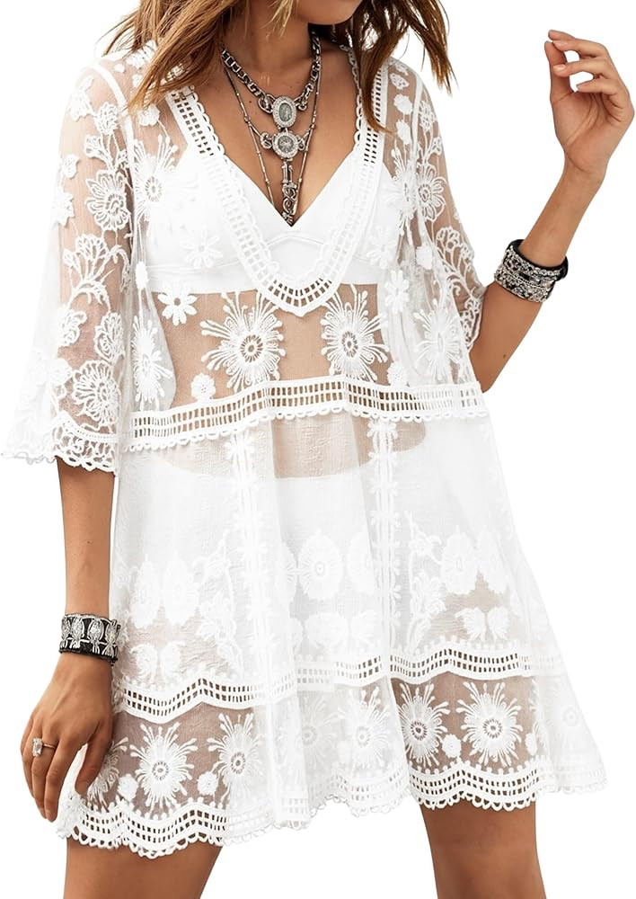 Eomenie Women's Contrast Lace Bathing Suit Cover Up V-Neck Swimsuit Coverups Loose Swimwear Beach... | Amazon (US)