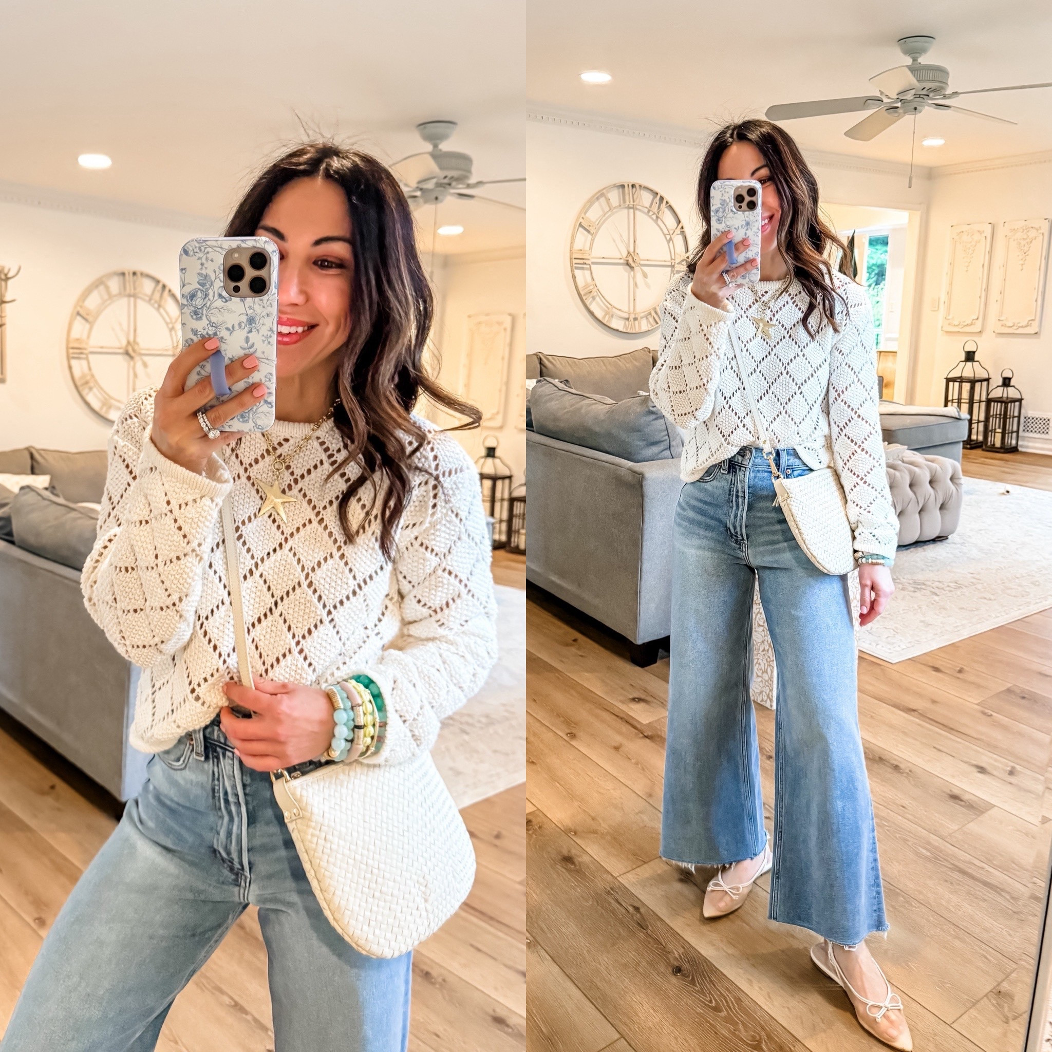 Wide leg Jeans 26. Crochet sweater small. Shoes TTS. Jewelry code HOUSEOFLEO20

#LTKOver40 #LTKSaleAlert #LTKPetite