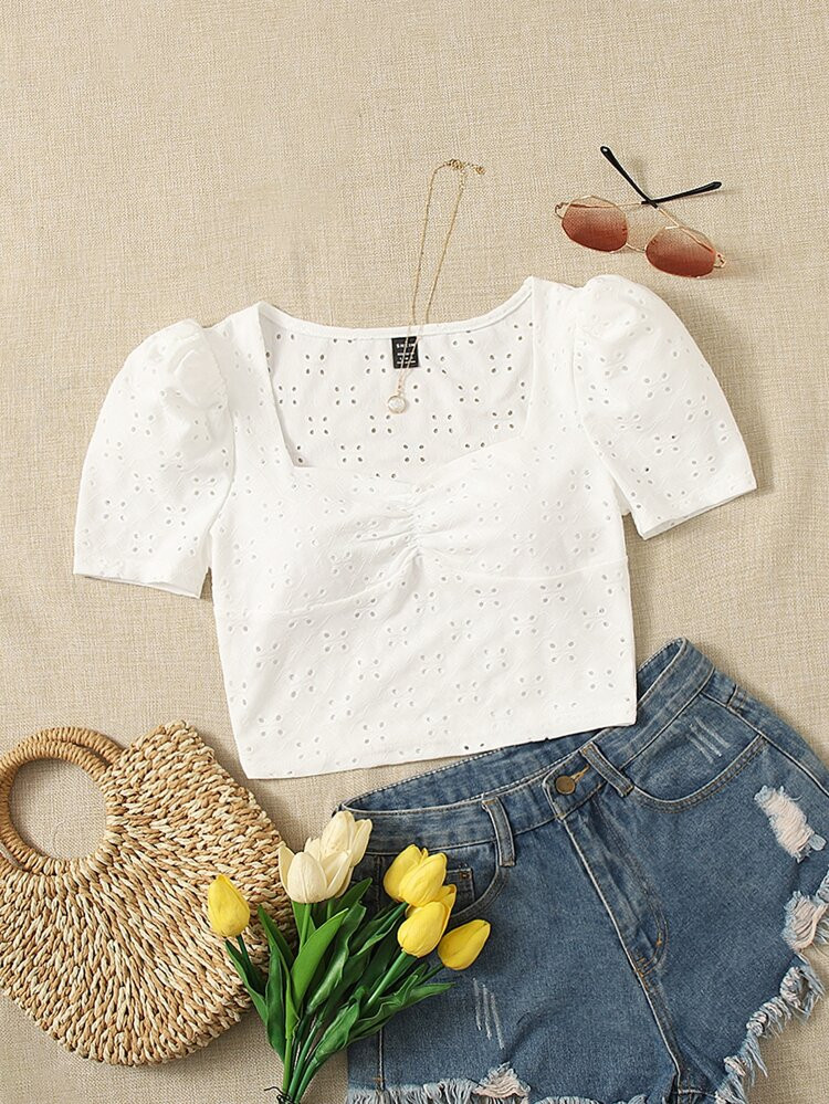 SHEIN Puff Sleeve Sweetheart Neck Schiffy Crop Top | SHEIN