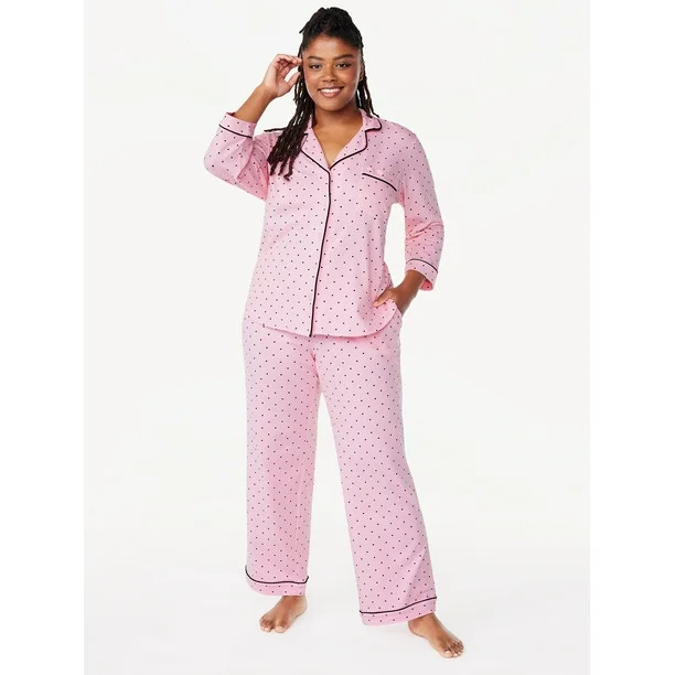 Joyspun Women’s Knit Notch Collar Top and Pants Pajama Set, 2-Piece, Sizes S to 4X | Walmart (US)