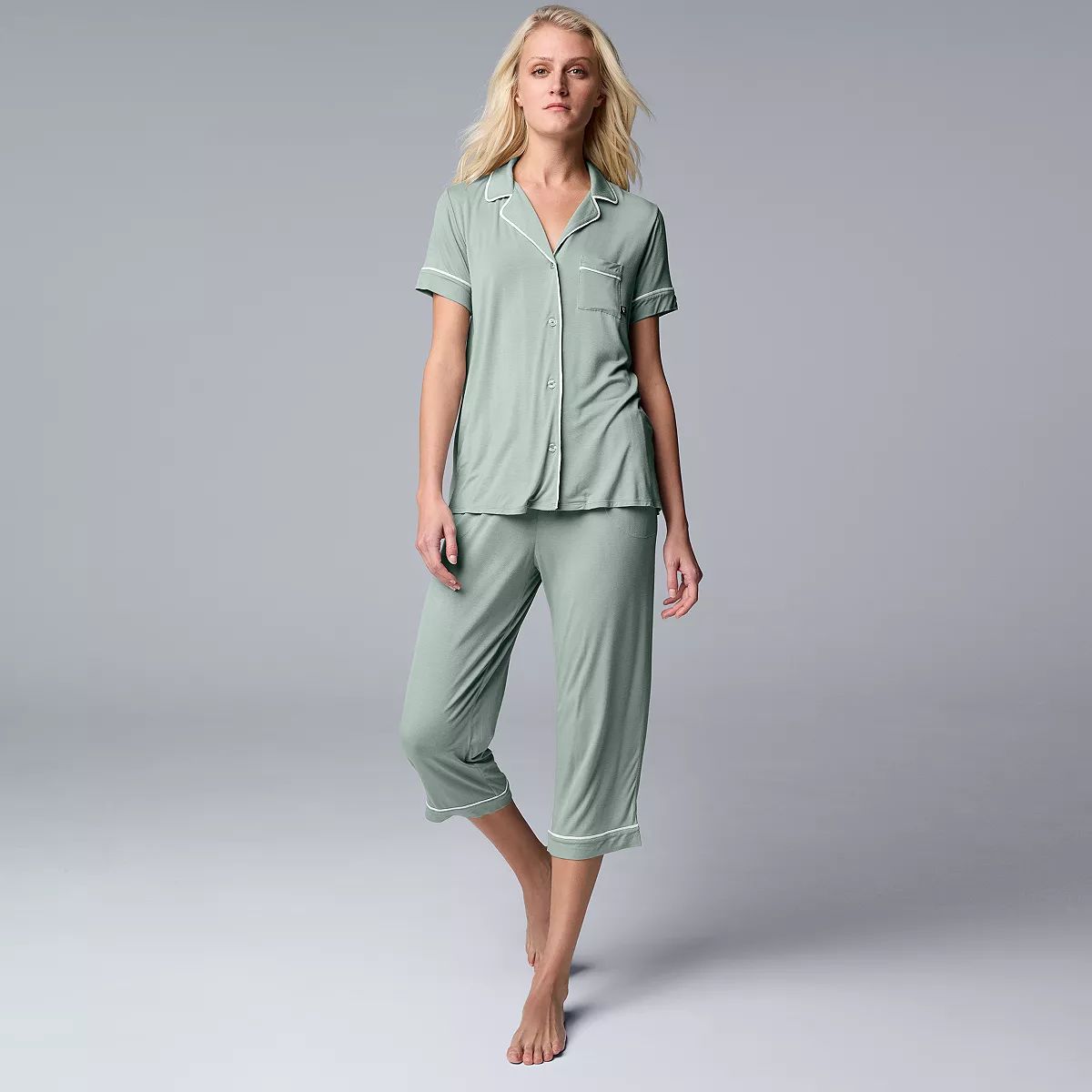Women's Simply Vera Vera Wang Basic Luxury Notch Collar Pajama Shirt & Pajama Capris Set | Kohl's