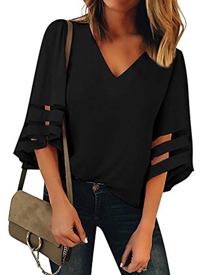 Lookbook Store Women's V Neck Mesh Panel Blouse 3/4 Bell Sleeve Loose Top Shirt | Amazon (US)