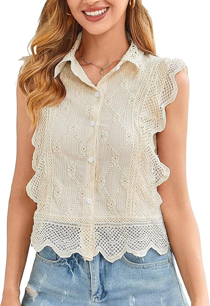 Tank Top for Women Button Down Summer Casual Tops Collared Sleeveless Shirts Babydoll Eyelet Ruff... | Amazon (US)