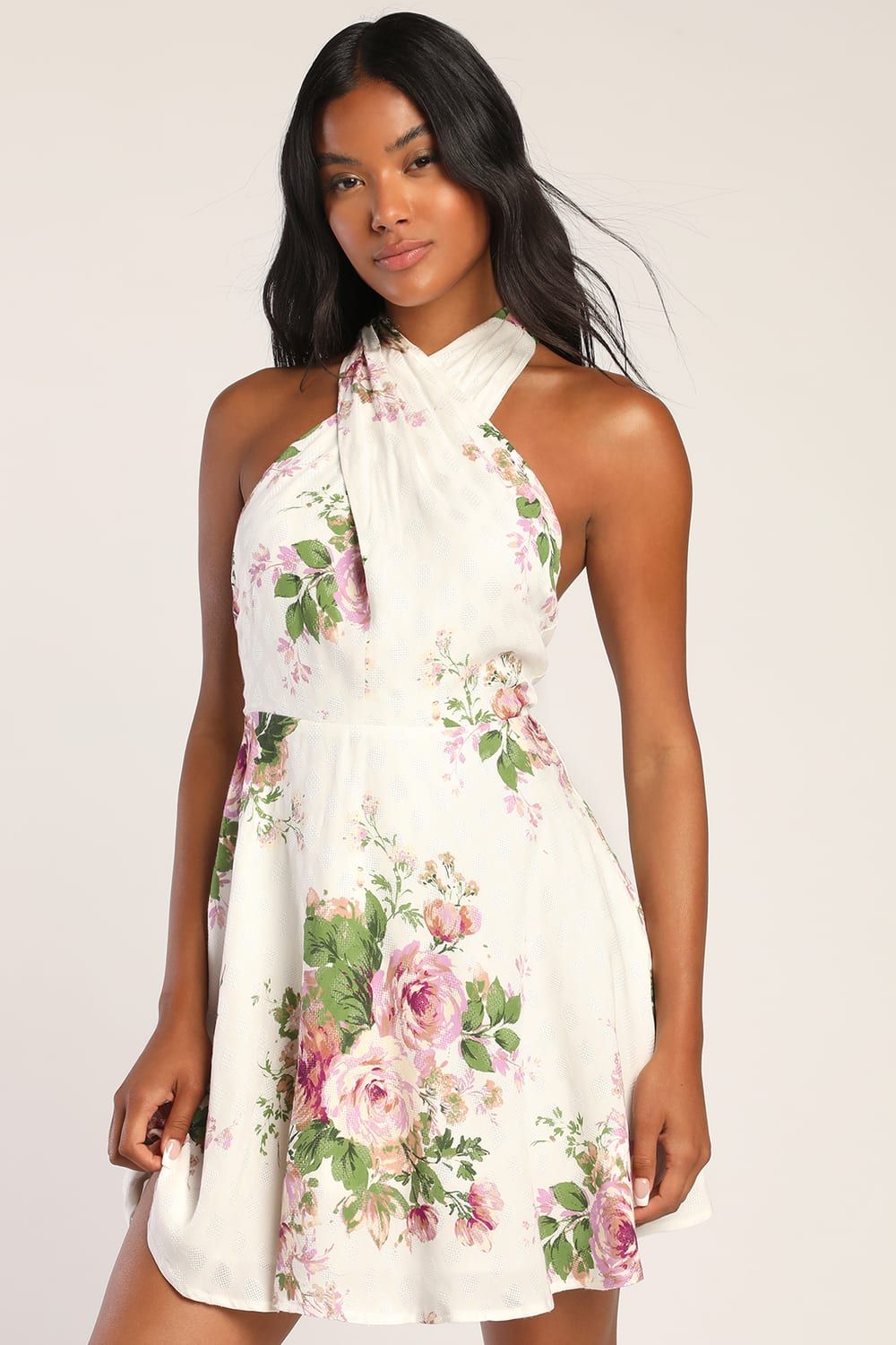 Own the Day Ivory Floral Jacquard Cross-Front Halter Mini Dress | Lulus (US)
