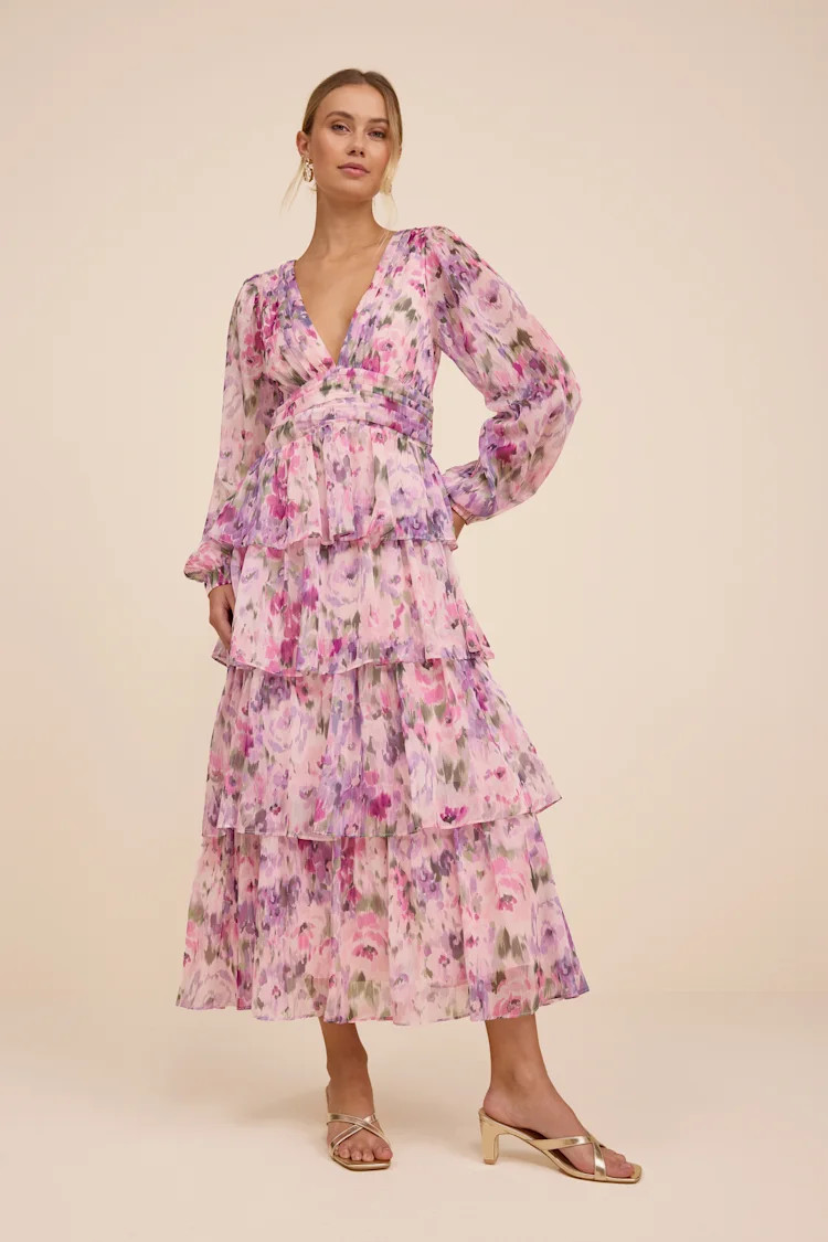 Macy Blush Multi Floral Tiered Midi Dress | Lulus