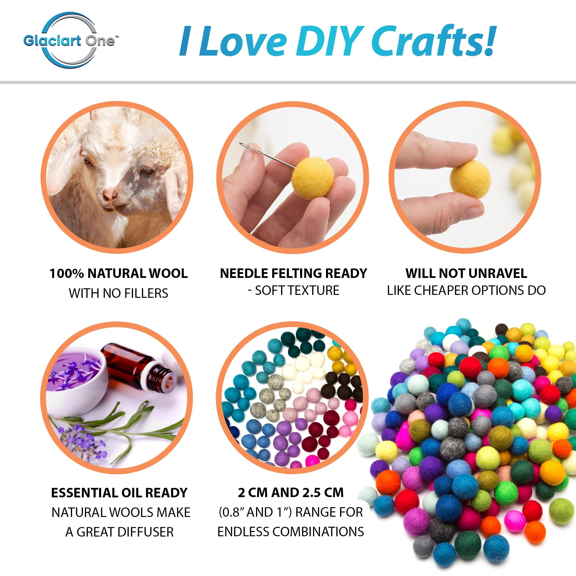 Glaciart One Felt Pom Pom, Felt Balls for Crafts (240 pcs) | 40 Rainbow Colors & 2 Sizes from 0.8... | Amazon (US)