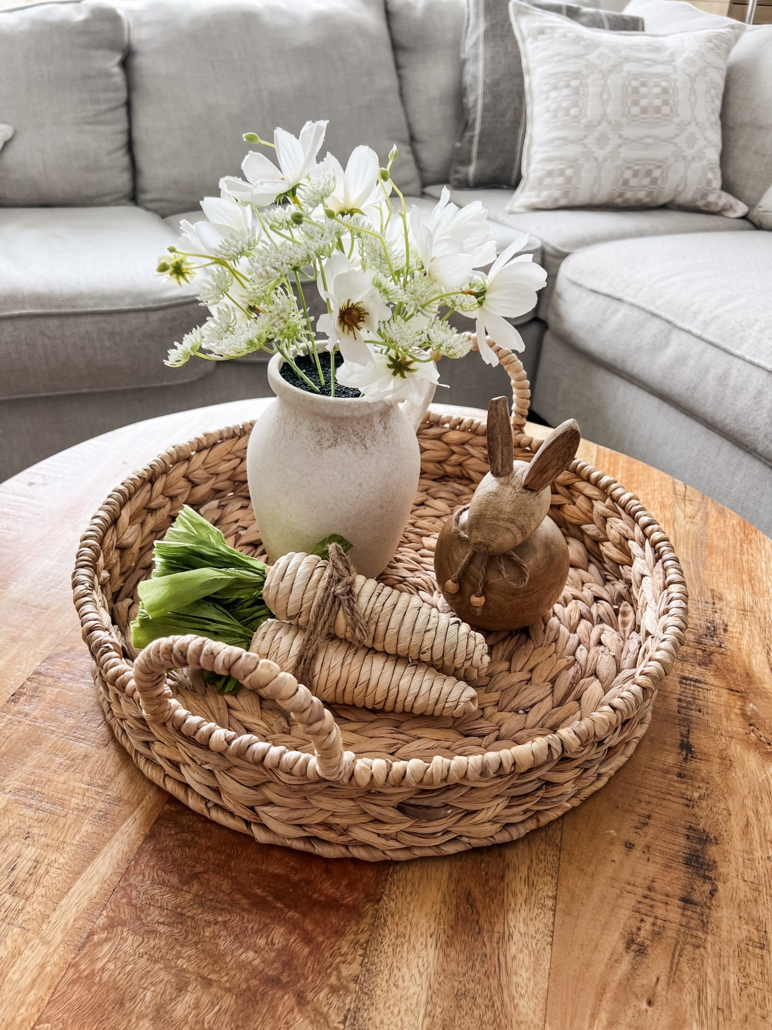 Adding little touches of spring to my home, these faux florals are Walmart! Bunny is TJMaxx, tray is Kohl’s and carrots are past season Walmart. #walmarthome Easter decorations tray styling coffee table 

#LTKHome