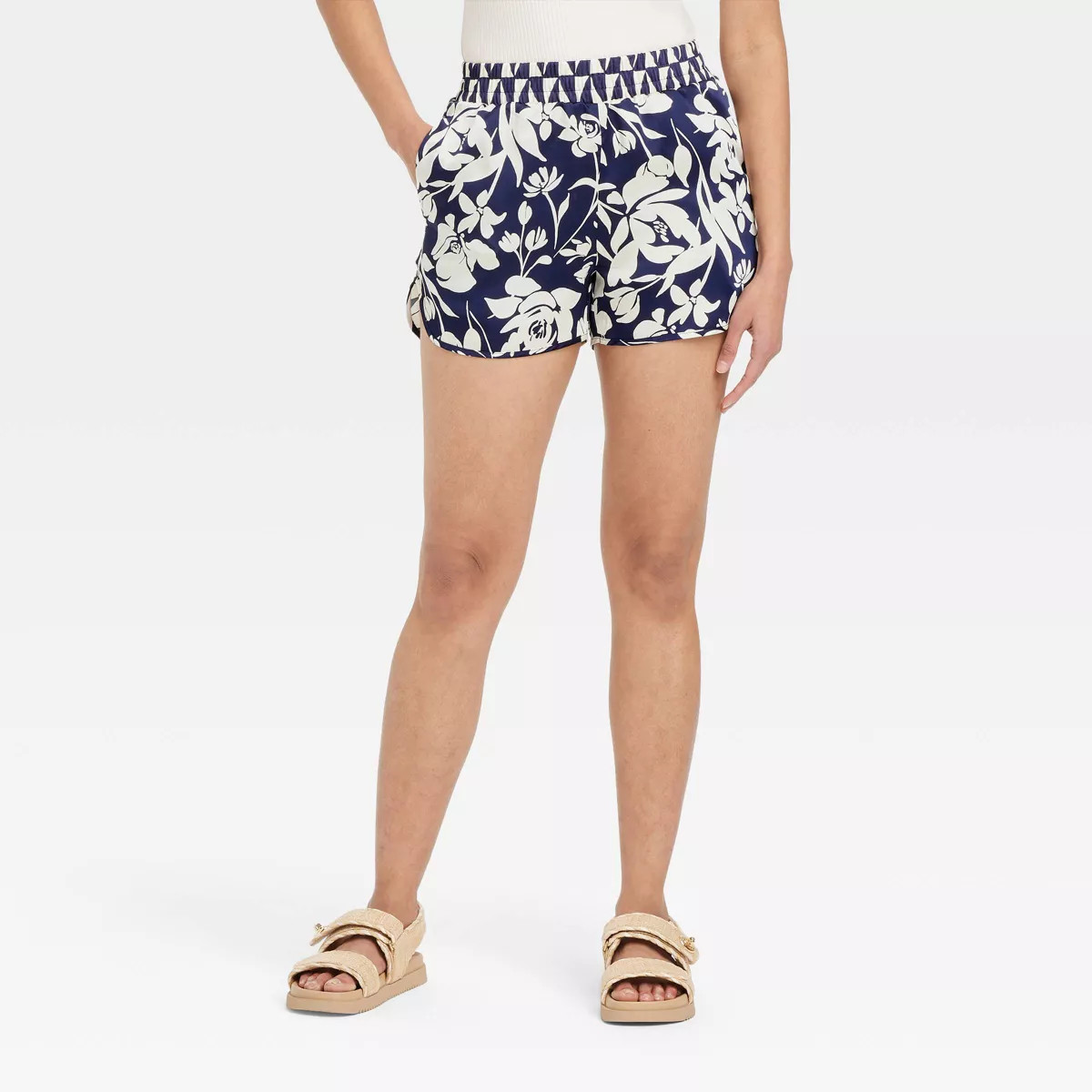 Women's High-Rise Satin Pull-On Shorts - A New Day™ Navy Blue Floral | Target