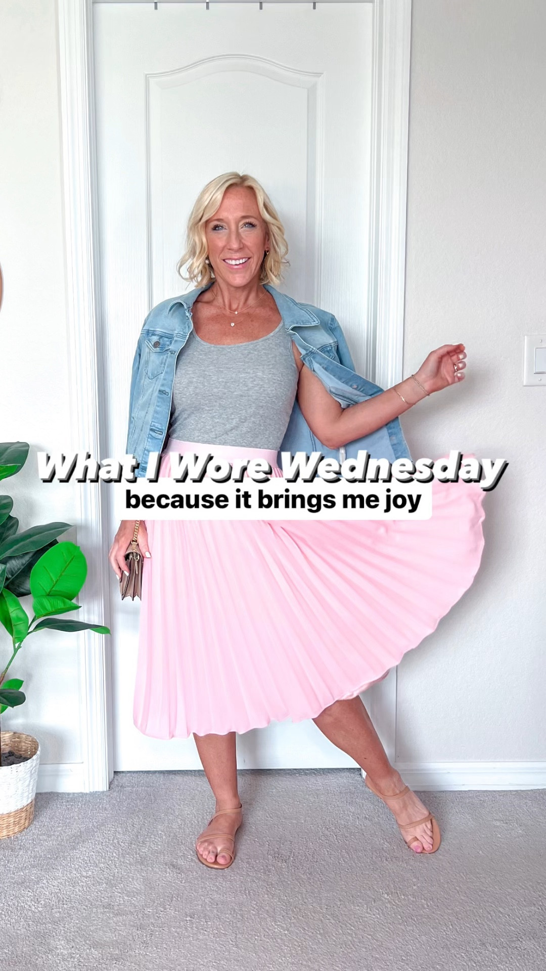 What I Wore Wednesday:
• pink pleated midi skirt - size medium (fits tts).
• grey tank - mine is old, but I linked another option.
• jean jacket - size small. In clearance!
• sandals, 
• purse, necklaced, earrings & bracelets also linked.
• lip gloss - shade rose (code  ONELIFEANDSTYLE).
• pajamas (from beginning ) - size medium .

#LTKVideo #LTKfindsunder50 #LTKSeasonal