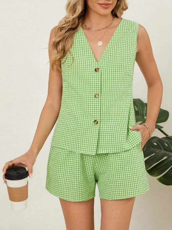 Women 2 Piece Gingham Summer Outfits Plaid Print V Neck Button Down Vest Linen Shorts Set Matchin... | SHEIN