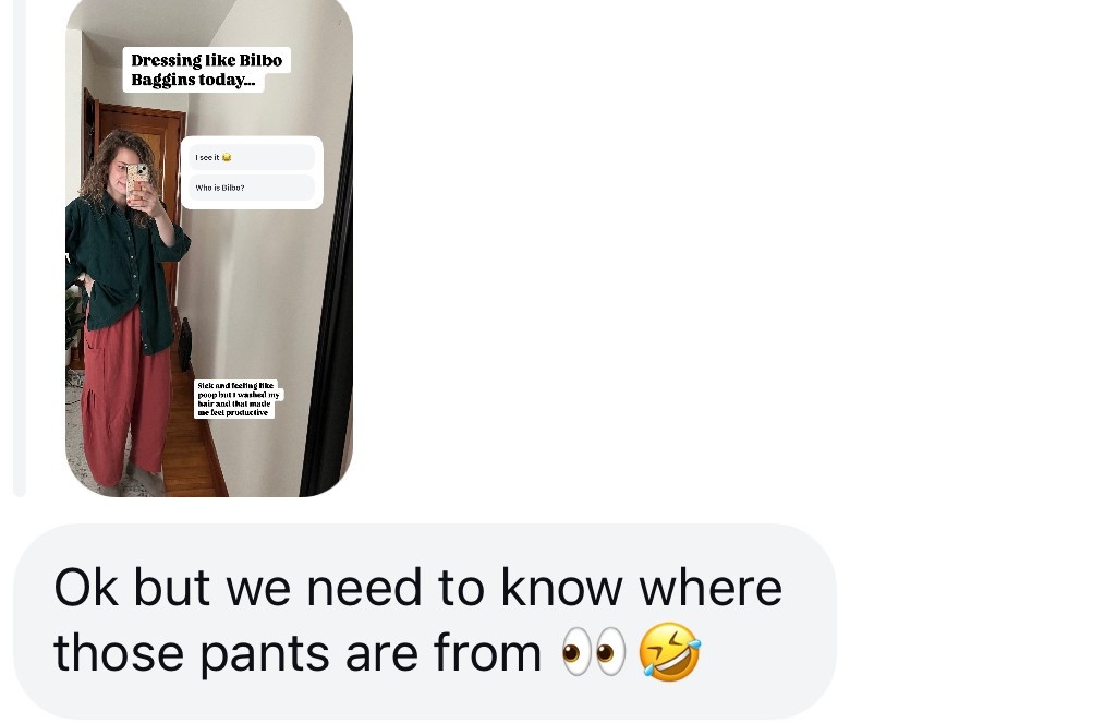 My hobbit inspired outfit from yesterday 🤪

I’ve been told by expecting moms that these pants are AWESOME during pregnancy! I believe it 😍