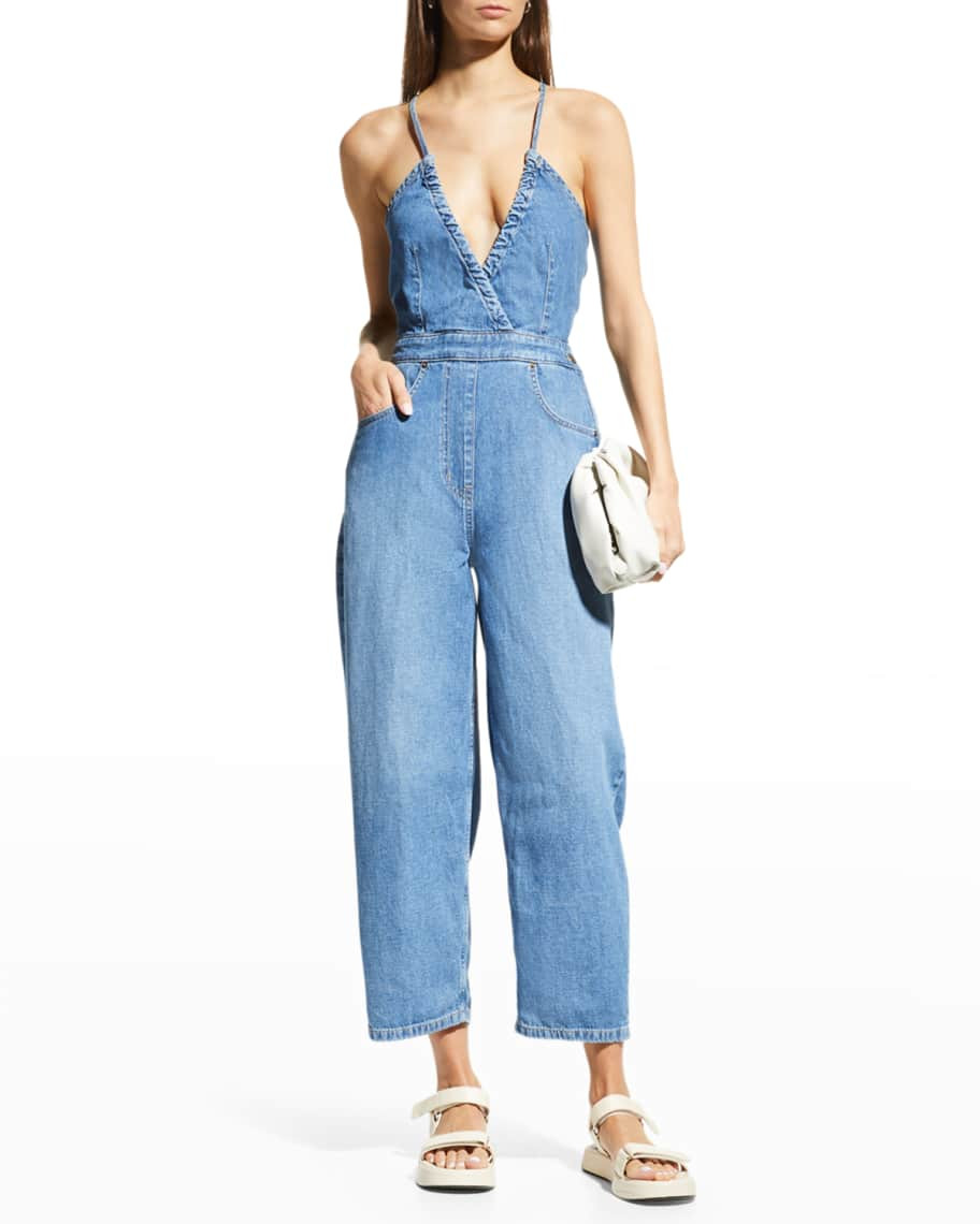 ETICA Birdie Chambray Halter Straight-Leg Jumpsuit | Neiman Marcus