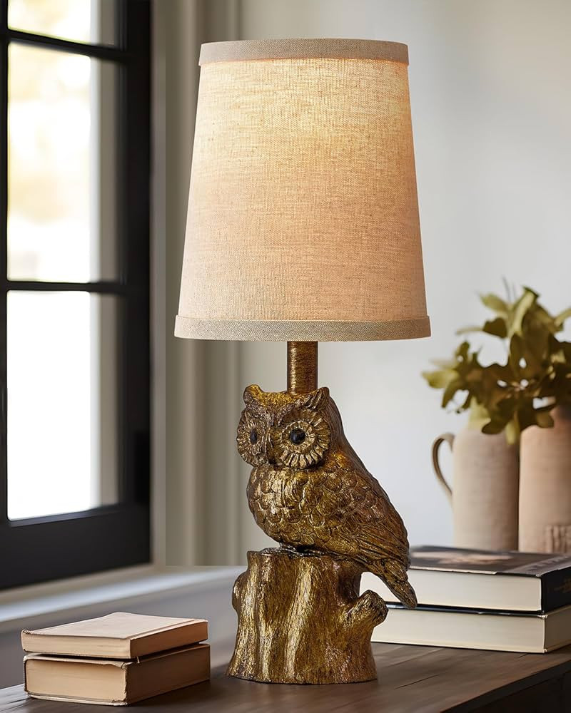 14.25" Small Table Lamp for Living Room Farmhouse Bedside Resin Single Lamp with Gold Owl Lamp Sh... | Amazon (US)