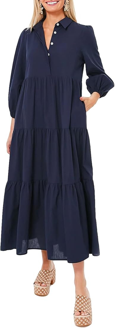 Women Flowy Maxi Dresses Casual V Neck Smocked Tiered Babydoll Sundress Beach Long Skirt with Poc... | Amazon (US)