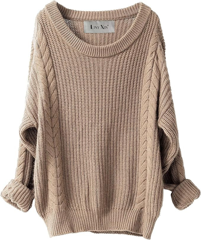 LINY XIN Women's 2023 Oversized Fall Winter Warm Crewneck Long Sleeve Knit Cable Long Pullover Me... | Amazon (US)