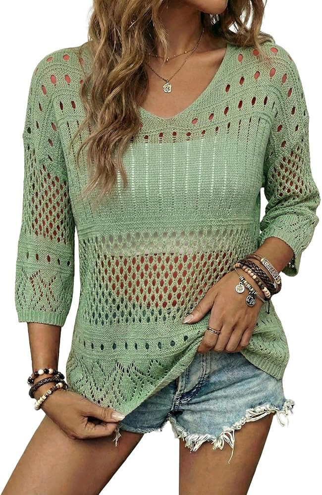 EVALESS Womens Lightweight Sweaters Crochet Hollow Out Knit Tops 3/4 Sleeve Beach Vacation Clothe... | Amazon (US)