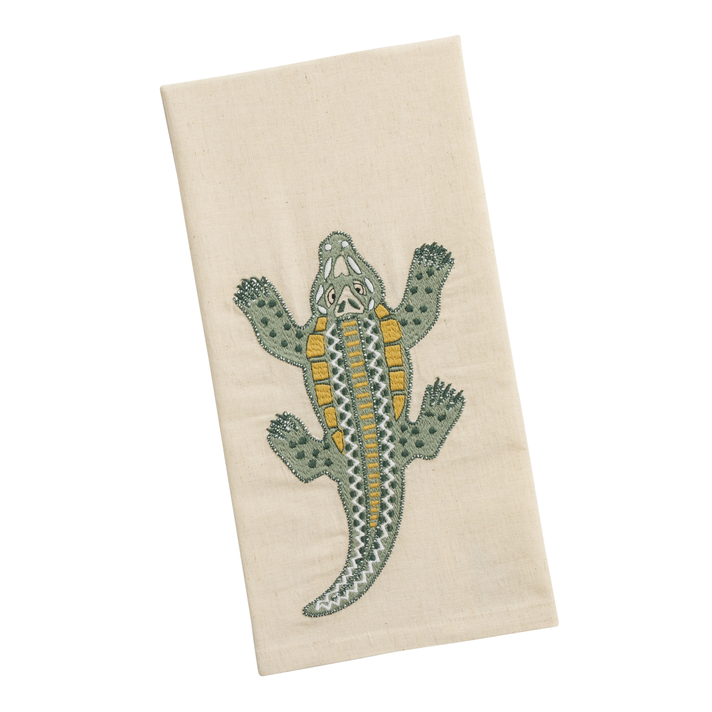 Oatmeal and Green Crocodile Embroidered Kitchen Towel | World Market