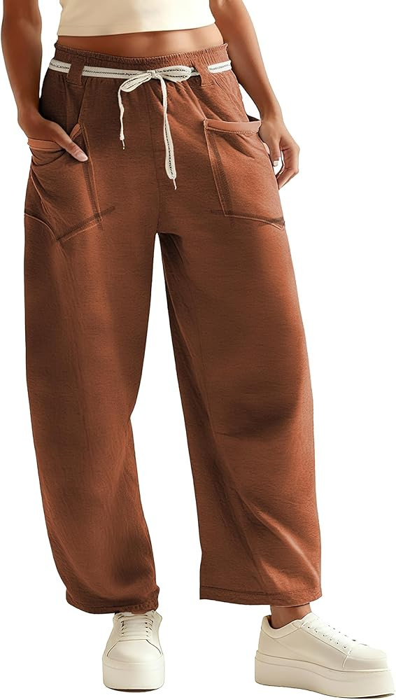 Womens Barrel Pants Wide Leg Drawstring Sweatpant Casual Baggy Palazzo Pants with Pockets | Amazon (US)