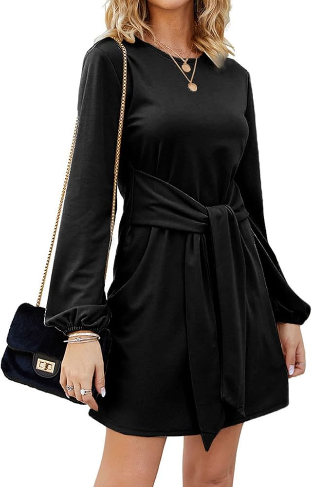 Tobrief Women's Fall Winter Long Lantern Sleeve Knit Short Dress Tie Waist Sweater Dress | Amazon (US)