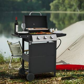 26000 BTU, 3-Burner Portable Propane Gas Grill with 2-Shelves, Lid, Wheels and Bottle Opener in Stainless Steel | The Home Depot