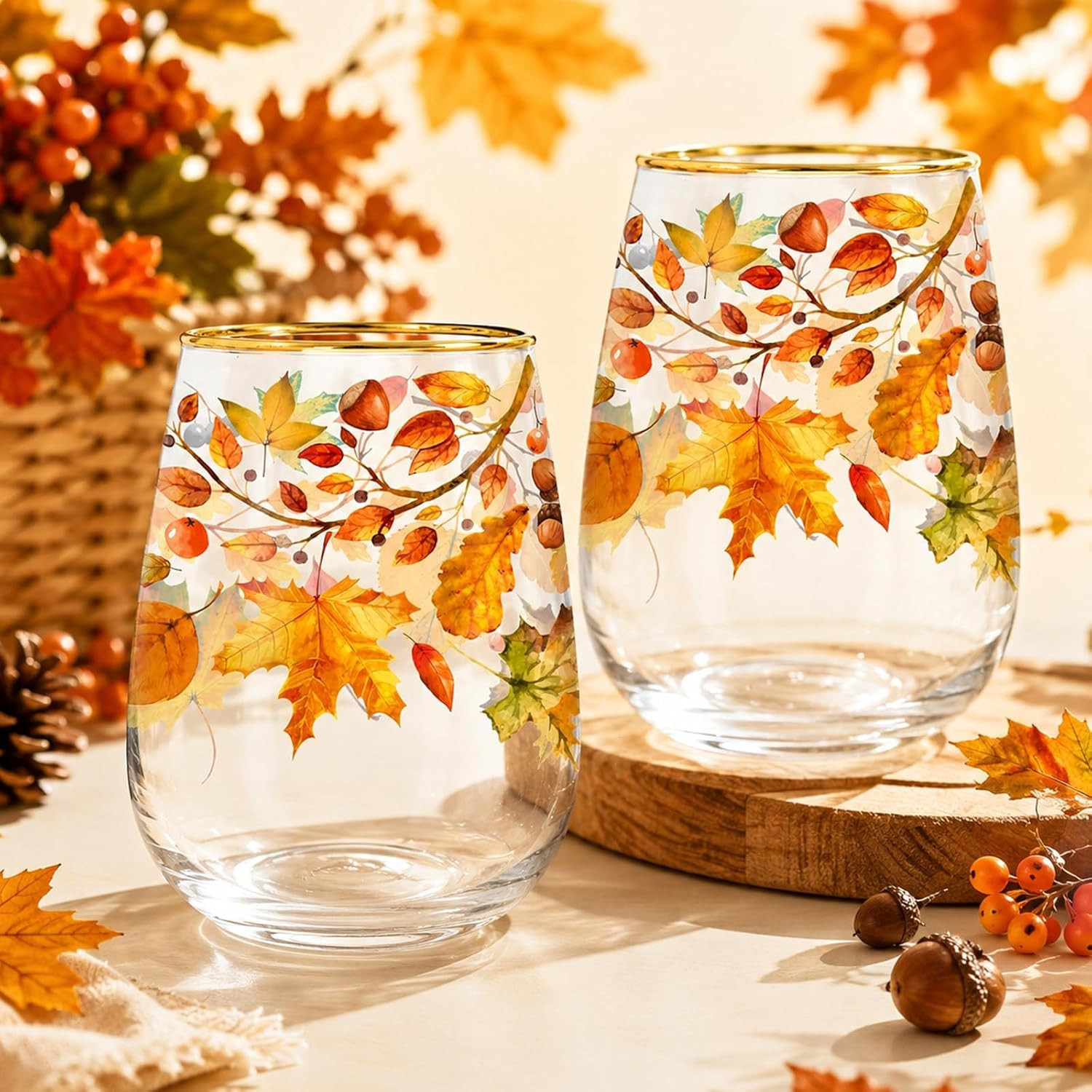 Whaline 2Pcs Fall Stemless Wine Glasses 17oz Maple Leaf Drinking Glasses with Gold Rim Autumn Leaves Tumbler Cups for Party Supplies Gifts | Amazon (US)