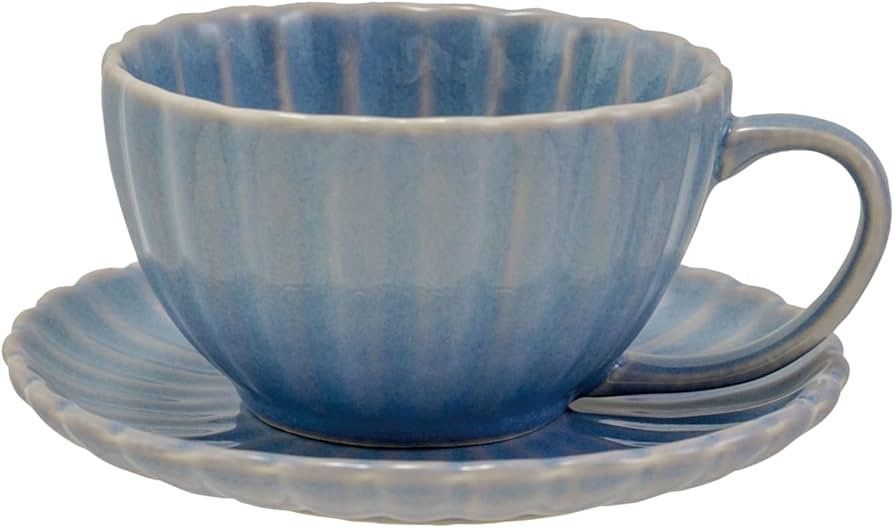 Creative Co-Op 10-Ounce Stoneware Ribbed Mug with Saucer in Reactive Glaze, Light Blue | Amazon (US)