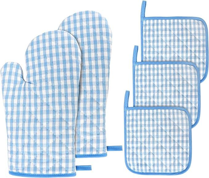 Kitchen Oven Mitt and Pot Holders, 5 pcs Heat Resistant Vintage Cotton Gingham Oven Mitts and Pot... | Amazon (US)