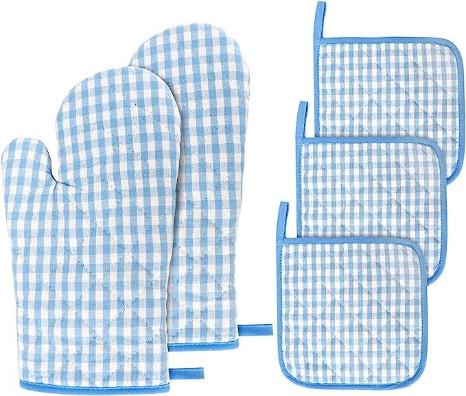 Kitchen Oven Mitt and Pot Holders, 5 pcs Heat Resistant Vintage Cotton Gingham Oven Mitts and Pot... | Amazon (US)