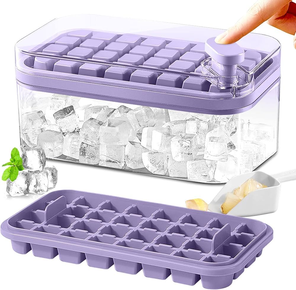 Ice Cube Tray with Lid and Bin for Freezer, 2 Pack, 64 Pcs Ice Cube Mold (Purple) | Amazon (US)