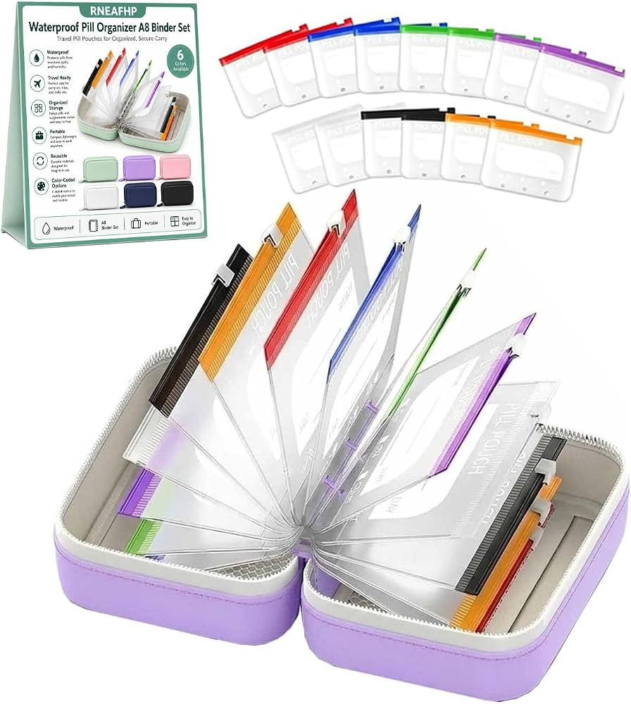 Waterproof Pill Organizer A8 Binder Set Pill Pouches for Travel 14PCS Bags Inside Large Zippered ... | Amazon (US)