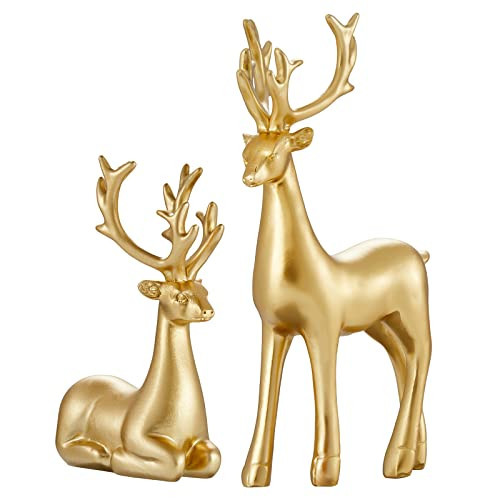 LALALOVE 2Pcs Christmas Reindeer Figurines, Creative Decorations Luck Deer, Resin Elk Sculpture Miniature Figurine, Festive Atmosphere Fireplace Dining Table (Gold) | Amazon (US)