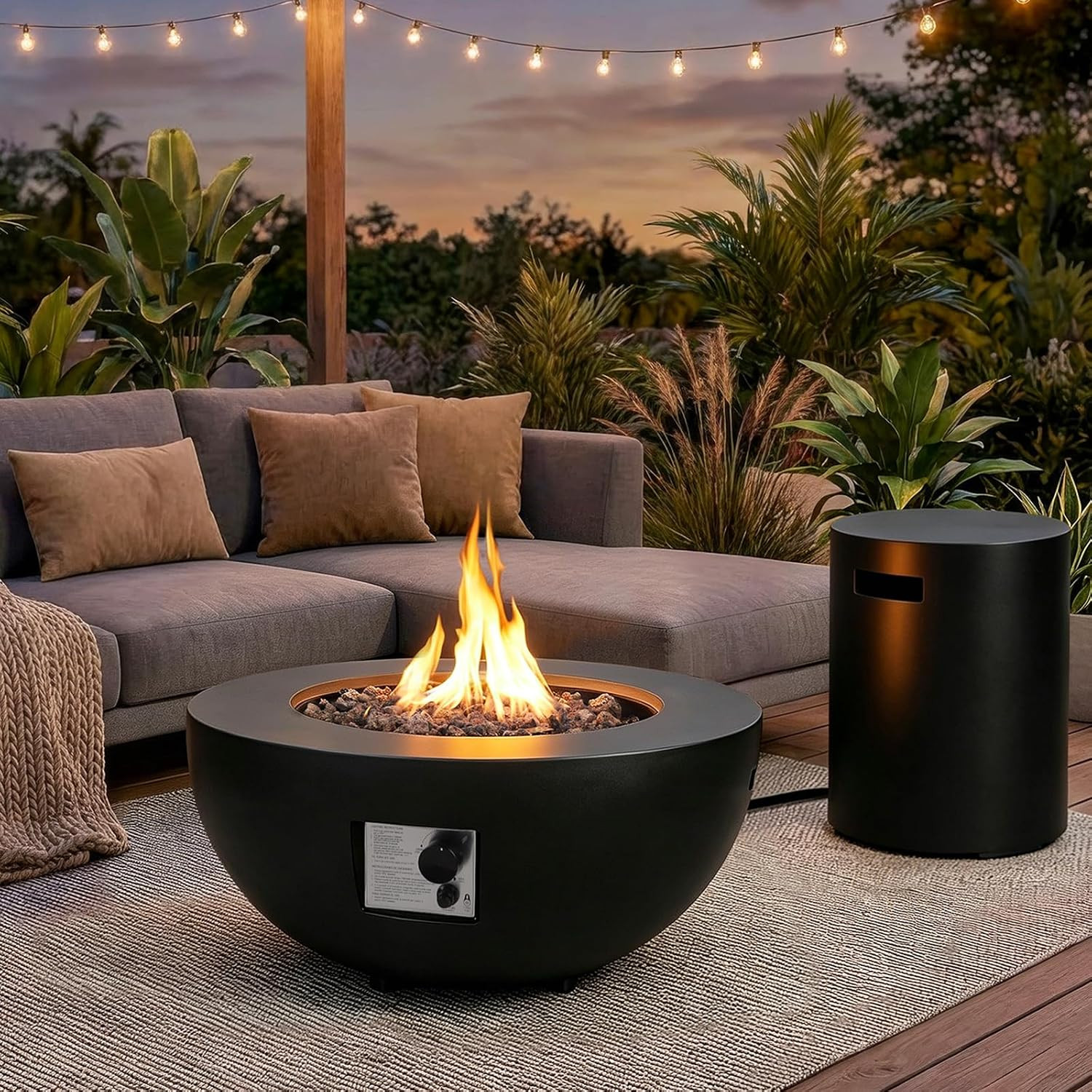 2-Piece Outdoor Propane Fire Pit Table Set w/Tank Cover Table, 31.5-inch 50,000 BTU Black Bowl Concrete Firepit SUS201 Round Burner with Steel Lid, Lava Rocks, Rain Cover | Amazon (US)