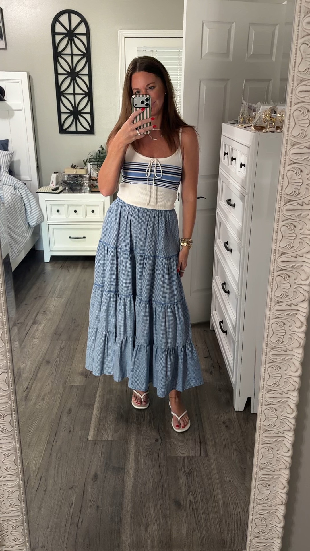 Revolve DUPE incoming! 

Mixing prints has never been more fun! Loving this striped sweater cami paired with this plaid maxi skirt! 

Perfect combo going into summer! 🤍💙☀️

#LTKgrwm #LTKootd #LTKmomlife
