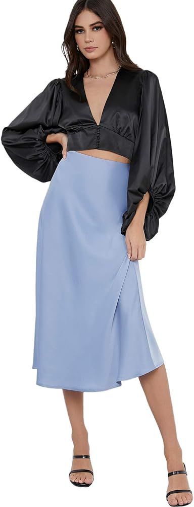 SheIn Women's High Waist A Line Skirts Solid Zipper Up Flared Midi Skirt | Amazon (US)