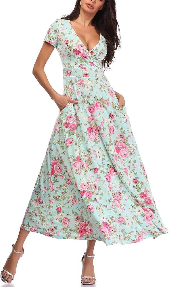 HUHOT Women's Short Sleeve Deep V Neck Dresses for Wedding Guest Summer Floral Wrap Maxi Sundresses  | Amazon (US)