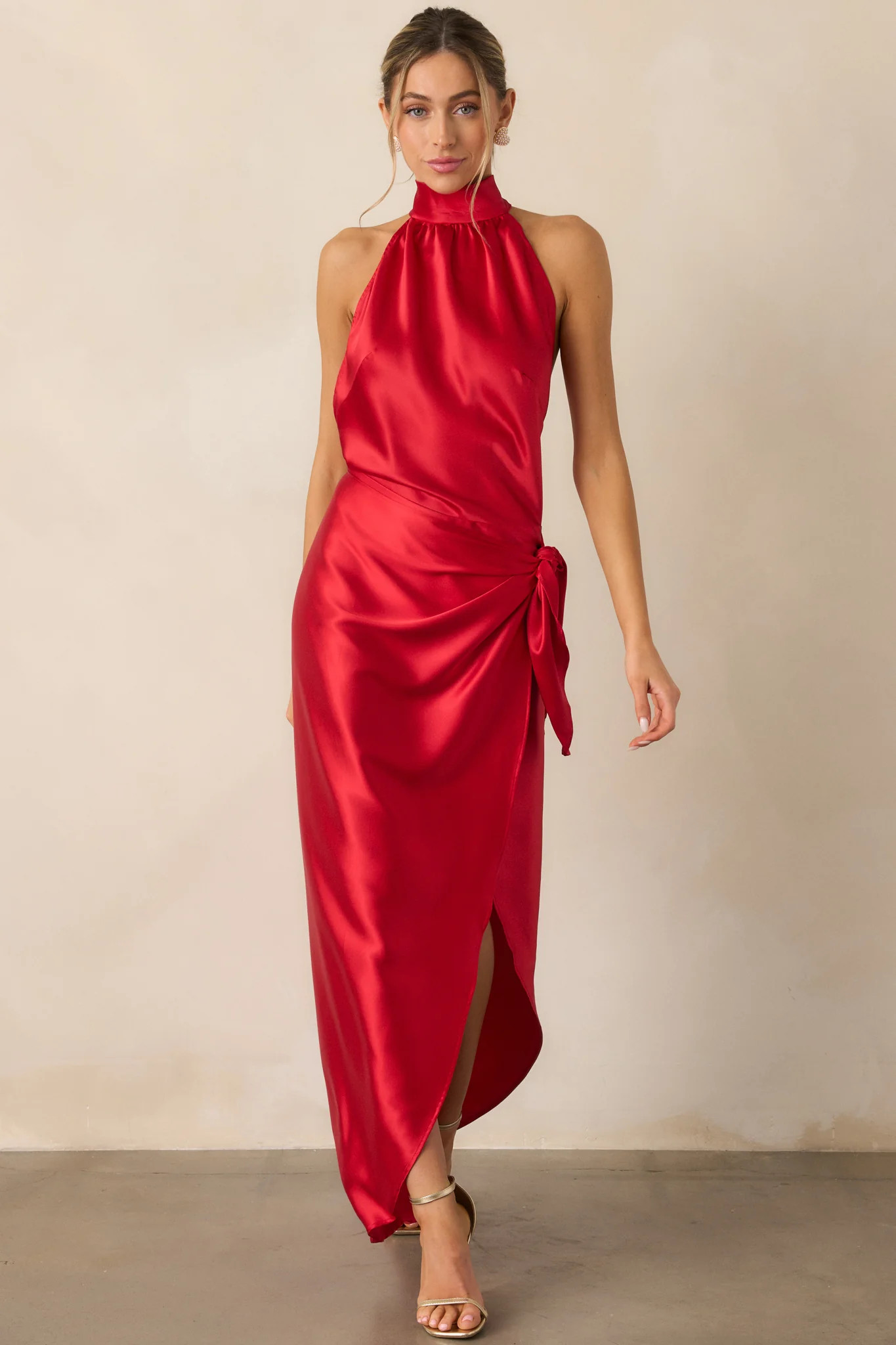 A Night Out Red Satin Halter Neck Maxi Dress | Red Dress