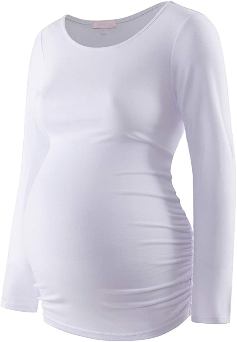 Maternity Shirt Long Sleeve Basic Top Ruch Sides Bodycon Tshirt for Pregnant Women | Amazon (US)