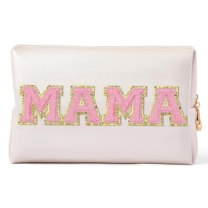 Y1tvei Preppy Patch Extra Large Mama Varsity Letter Makeup Bag Pink Chenille Letter PU Leather Wa... | Amazon (US)