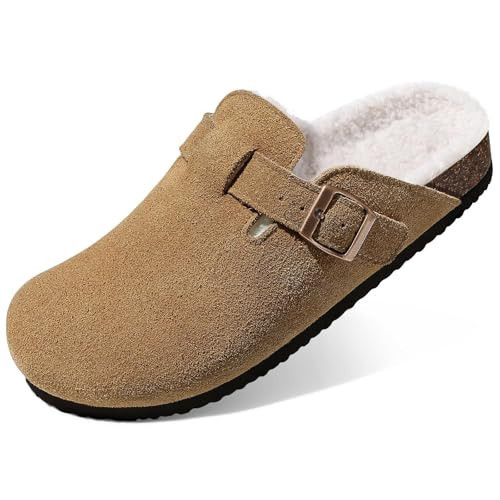 KIDMI Women's Fur Lined Suede Clogs Fuzzy Cork Footbed Mules Slip On Winter Potato Shoes, Brown 40 (Size 8.5-9) | Amazon (US)