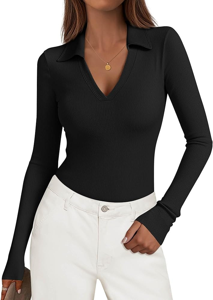 KIRUNDO Polo Shirts for Women Long Sleeve Business Casual Tops 2025 Fall Ribbed Knit Collared V N... | Amazon (US)