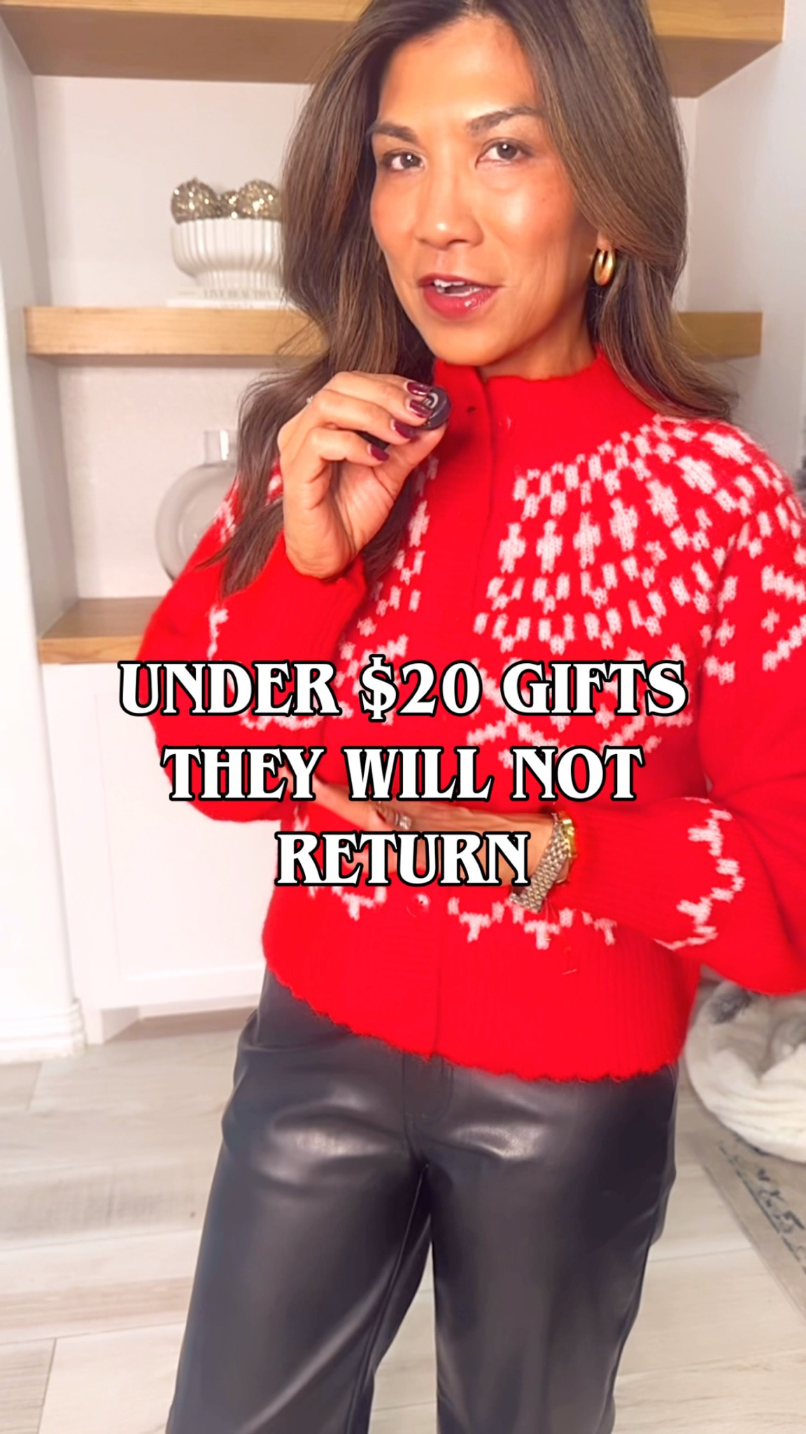 Under $20 Gifts- you can find more in my LTK collection ‘Under $20 Gifts’
Wearing here: Red Sweater cardigan in XS tts.
Faux leather pants in XS or 0- size down runs big
Boots tts
Holiday gifts, stocking stuffer, what to wear holiday party women over 50


#LTKSeasonal #LTKHoliday #LTKGiftGuide